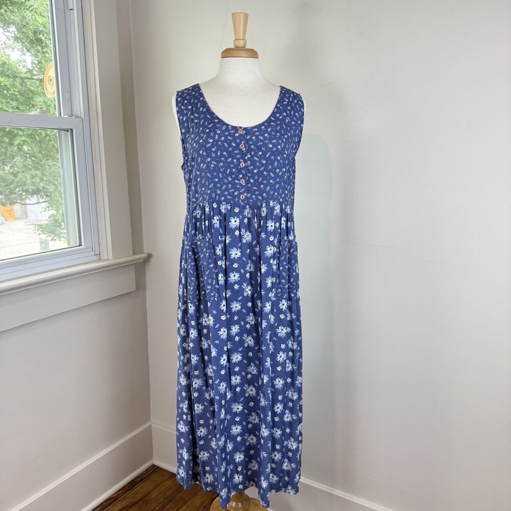 Vintage Floral Rayon Cottagecore Blue Midi Maxi Dress | Button Front Sundress